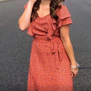 Women’s Ruffle Midi Dress - Orange Floral